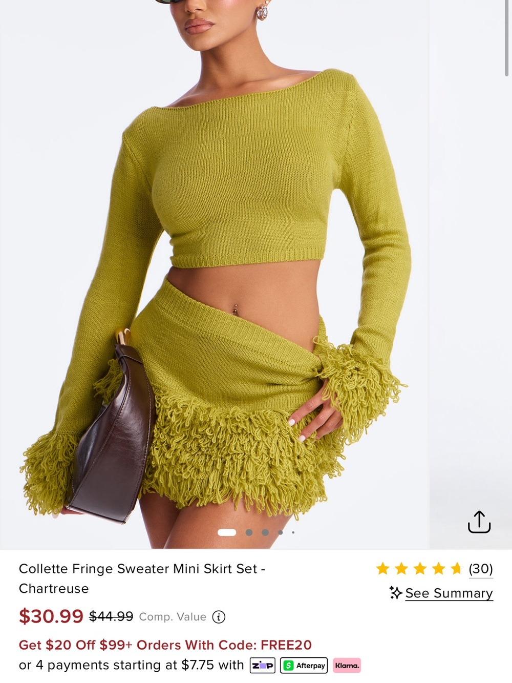Fashion Nova Chartreuse Fringe Sweater Mini Skirt Set